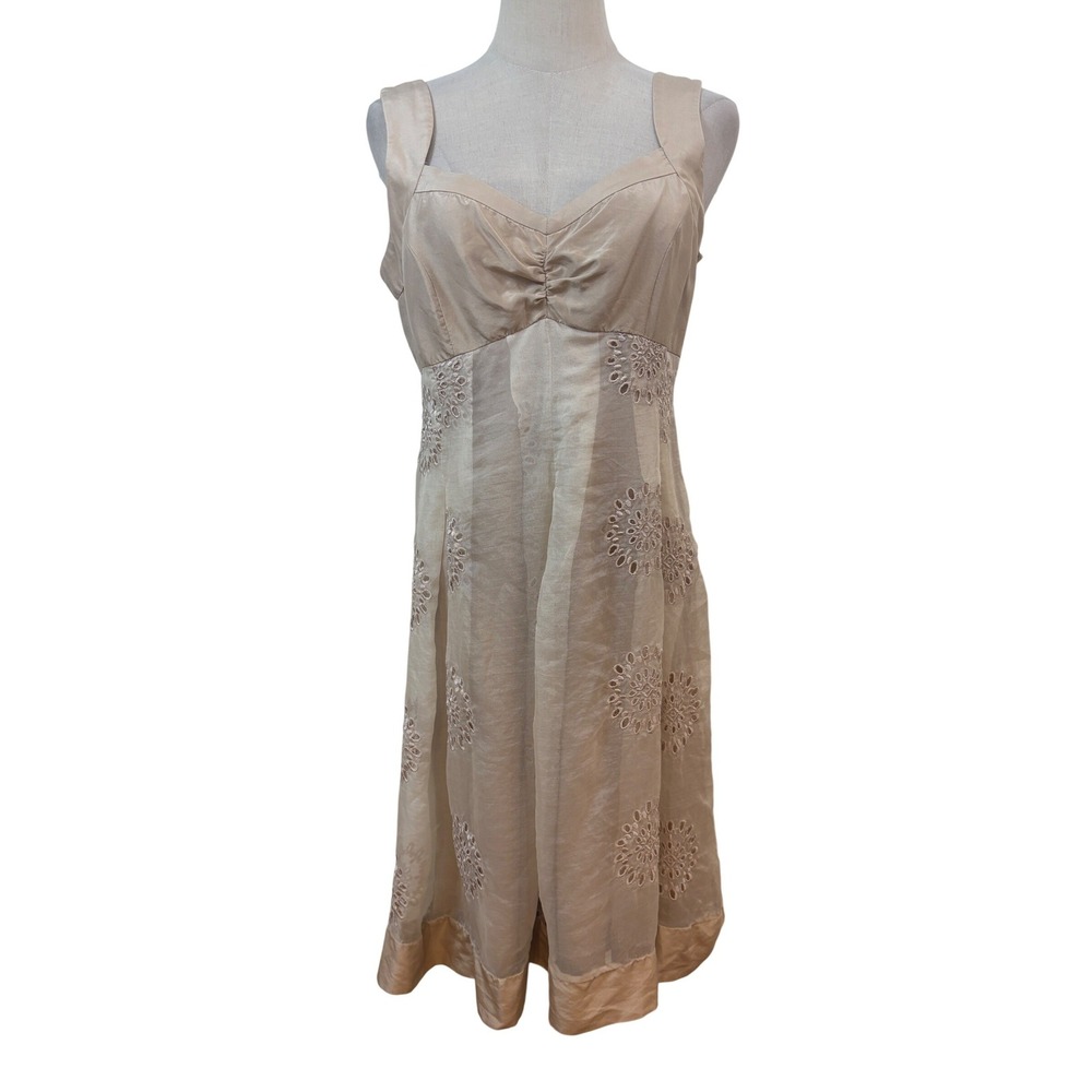 ECI Silk Dress Women 6 Tan Eyelet Organza Overlay Sweetheart Midi wedding party